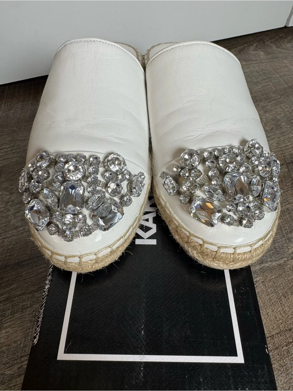 Karl Lagerfeld Maxwell Espadrille Platform Slides White Crystal Sandals 8